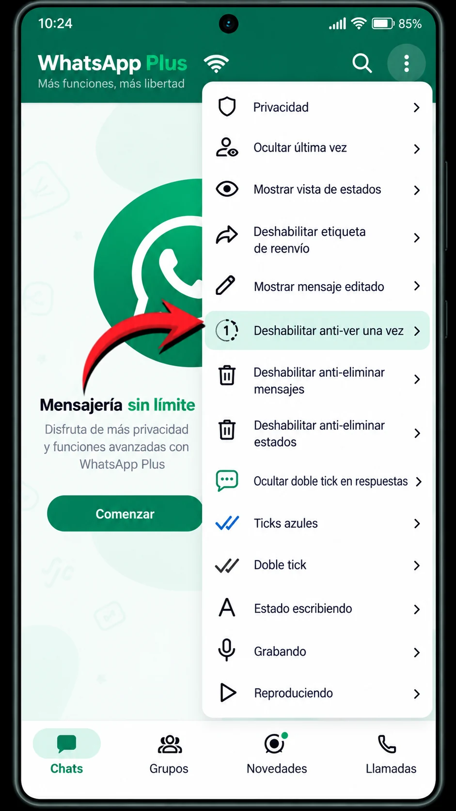 Opciones anti-eliminación de mensajes y estados en WhatsApp Plus