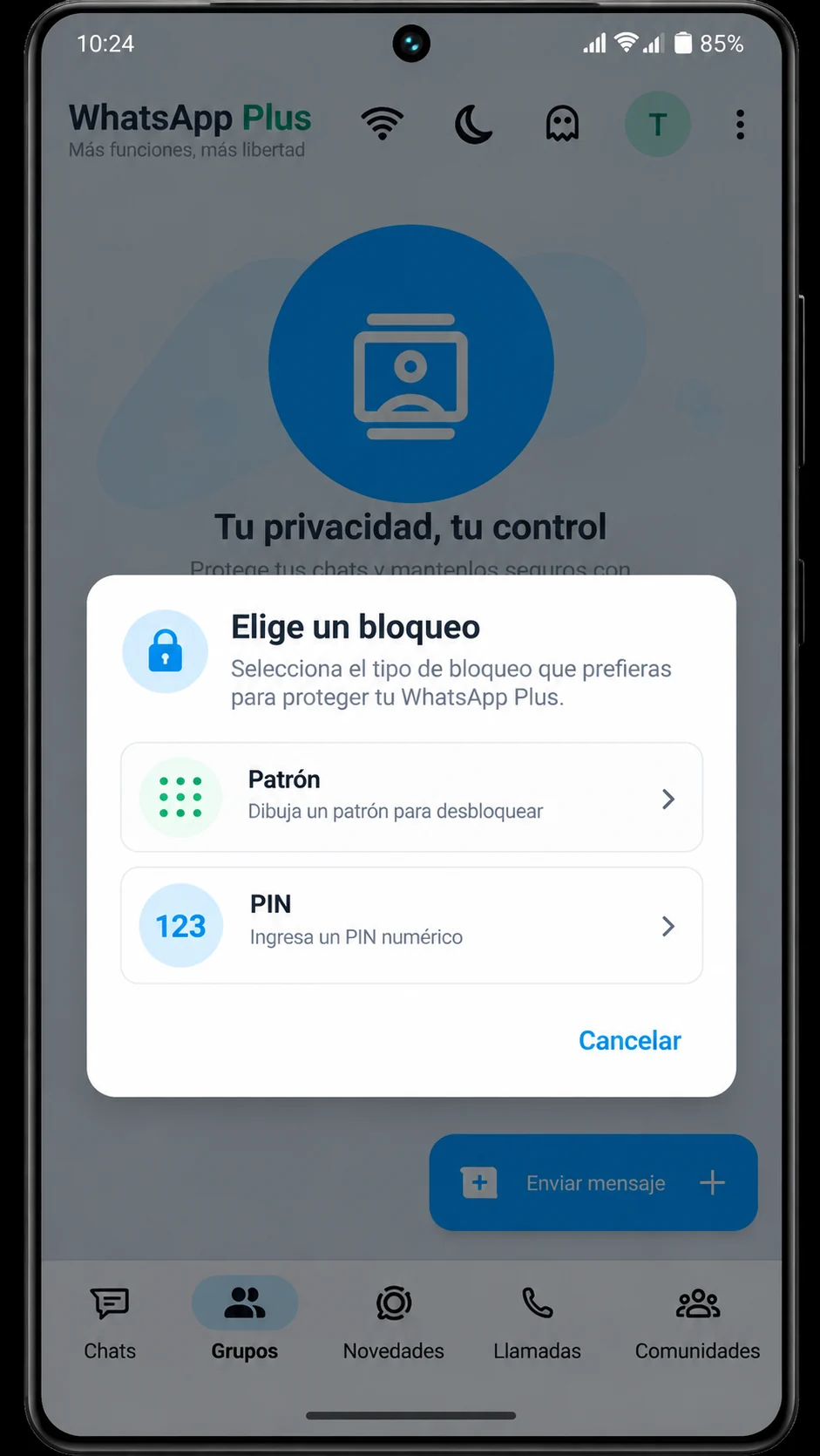 Bloqueo de WhatsApp Plus mediante PIN o patrón