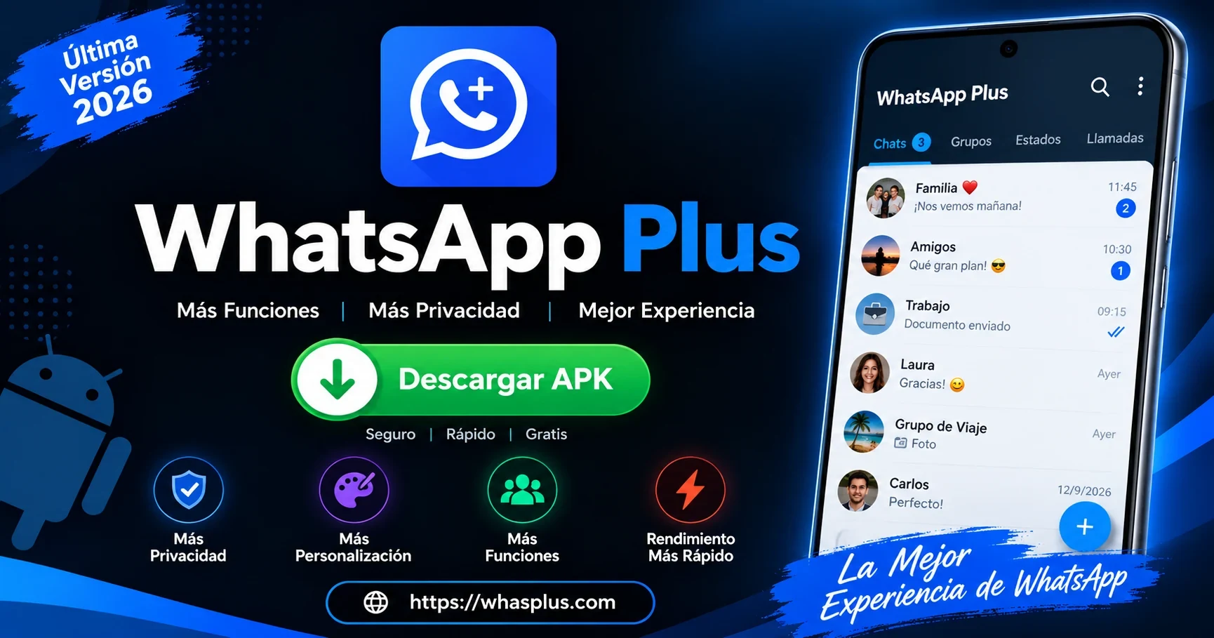 WhatsApp Plus 2026 con interfaz y móvil Android