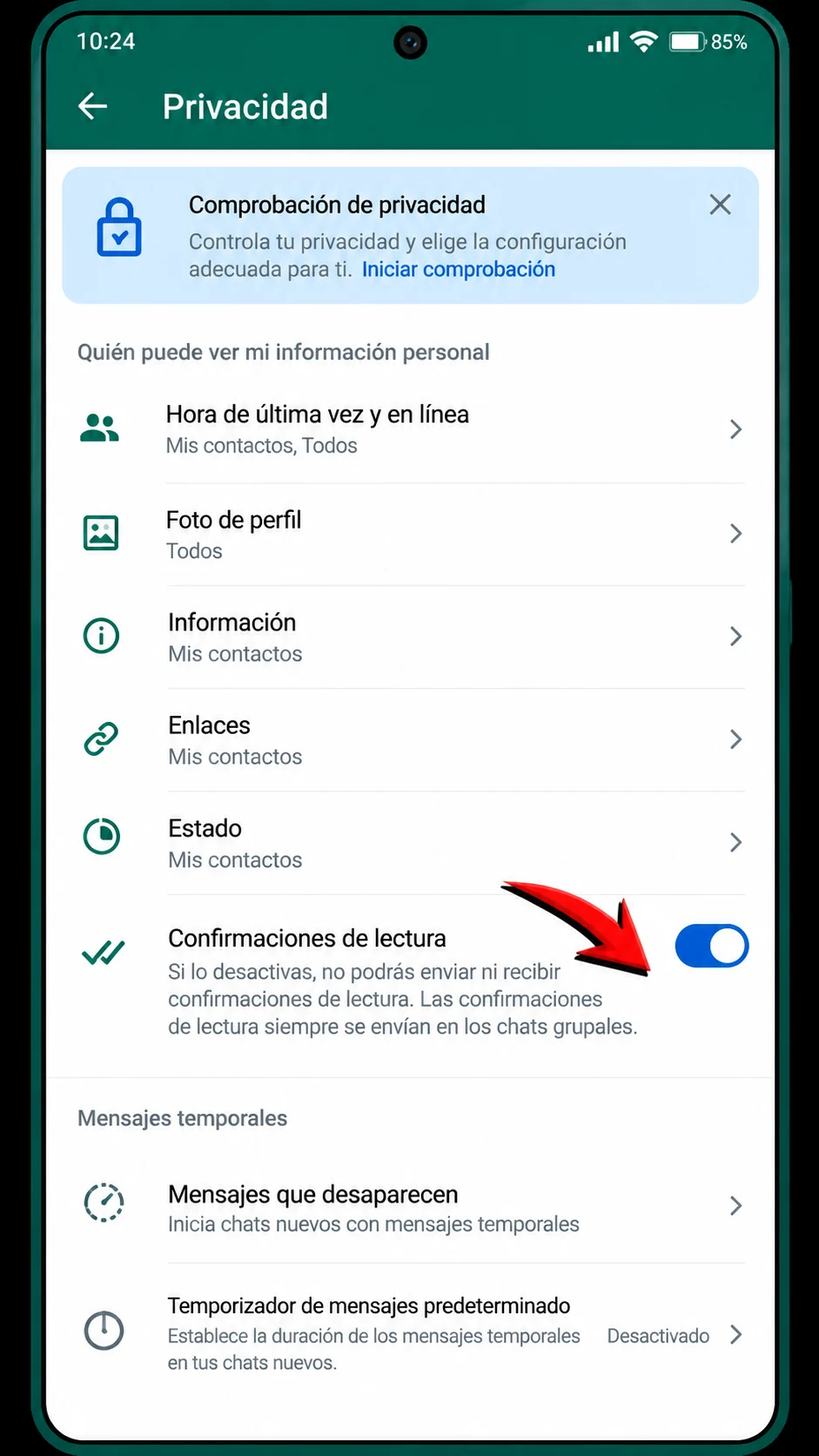 Privacidad y confirmaciones de lectura en WhatsApp Plus