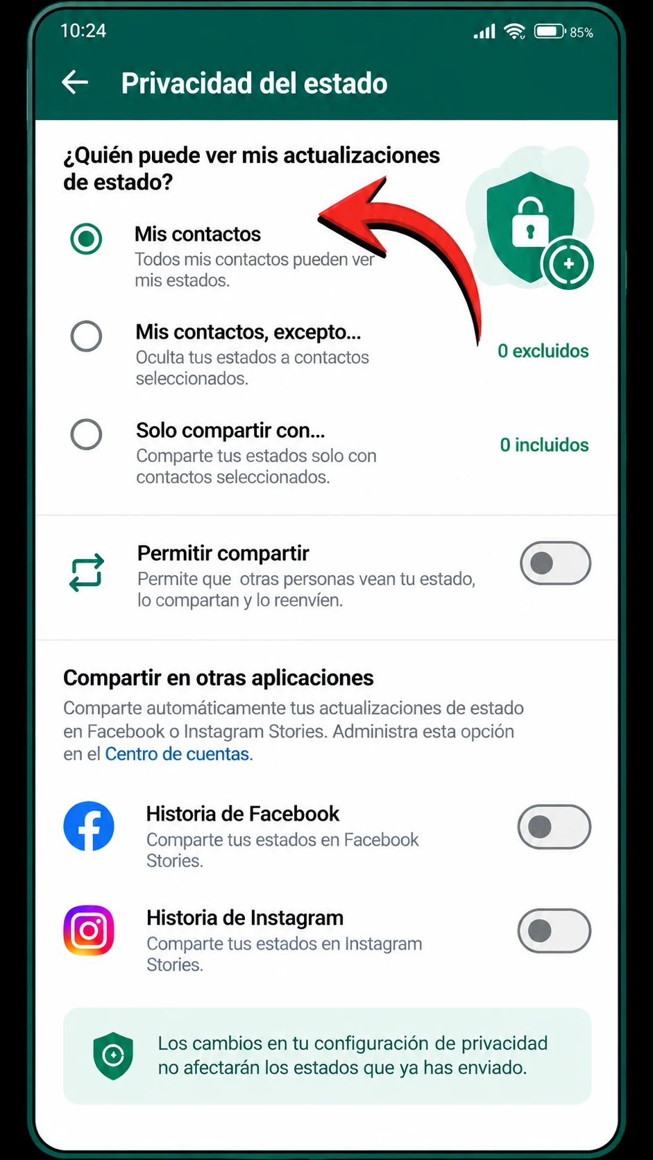 Privacidad del estado en WhatsApp Plus